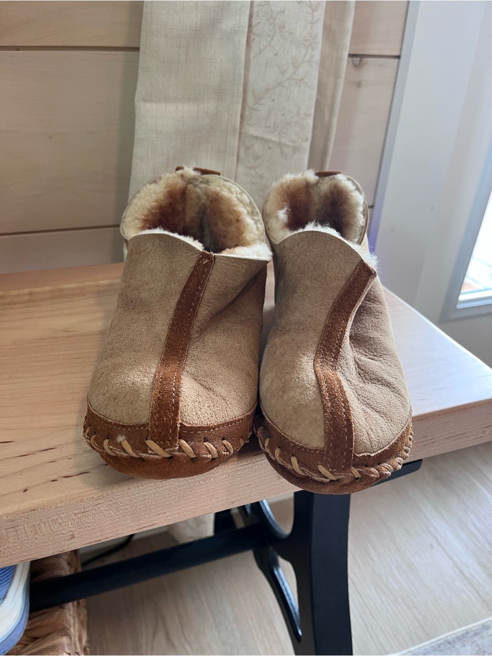 L.L. Bean Kids Shearling-Lined Moccasin Slippers in Tan